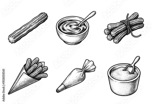 Vintage woodcut style churro set featuring deep fried dough sticks with chocolate dipping sauce, sugar bowl, and pastry piping bag