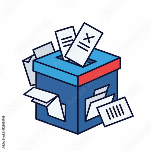 Blue Ballot Box with Voting Papers.