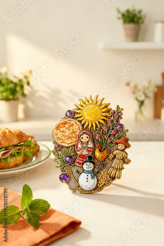 Exquisite Russian Folk Art Jewelry with Sun, Birds, and Matryoshka Doll, Decorative Background, Art Wallpaper