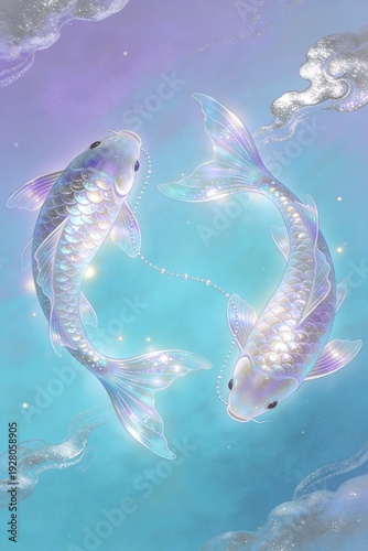 Celestial Pisces Koi Fish, Magical Illustration, Dreamy Astrology Wallpaper