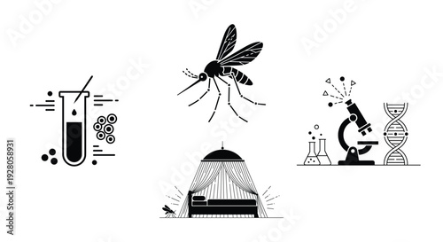 World Malaria Day vector illustration set, flat design silhouettes, mosquito, test tube, microscope, and bed net, scalable graphic