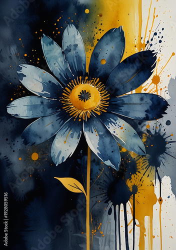 Ilustración vertical de una flor con salpicaduras de colores