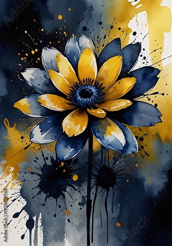 Obra de Arte Floral con Salpicaduras de Tinta y Textura Grunge