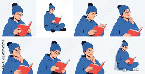 Young woman reading book in various poses