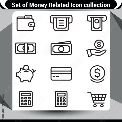 Financial icons collection: wallet, ATM, cash, hand, piggy bank, credit card, coins, calculator, cart