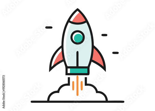 Cartoon rocket launching into space with clouds isolated on white background, Vector, illustration