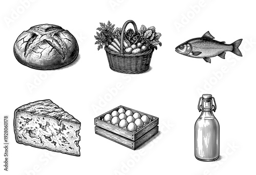 Vintage woodcut illustration collection of organic farm staples including bread vegetables fish cheese eggs and milk