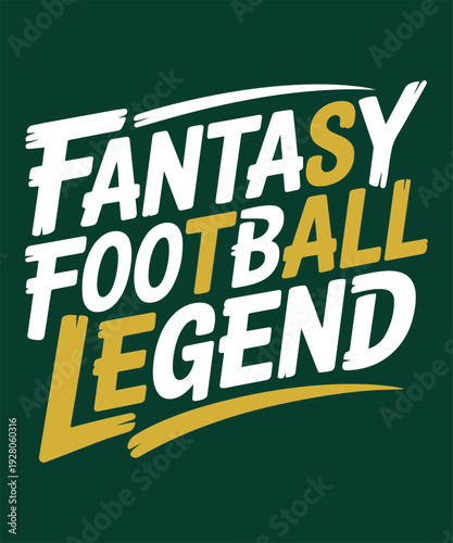 Fantasy football legend typography with green background and stylized letters in white and gold
