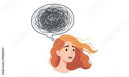Stressed Woman with Tangled Thoughts Bubble