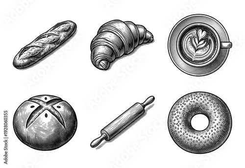 Vintage style engraving illustration of bakery assortment featuring baguette, croissant, coffee latte art, bread loaf, rolling pin, and sesame bagel.