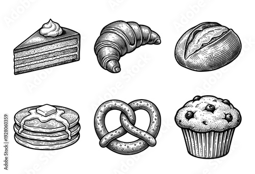 Set of vintage engraved bakery and pastry icons featuring cake, croissant, bread, pancakes, pretzel, and blueberry muffin in a hand-drawn woodcut style.