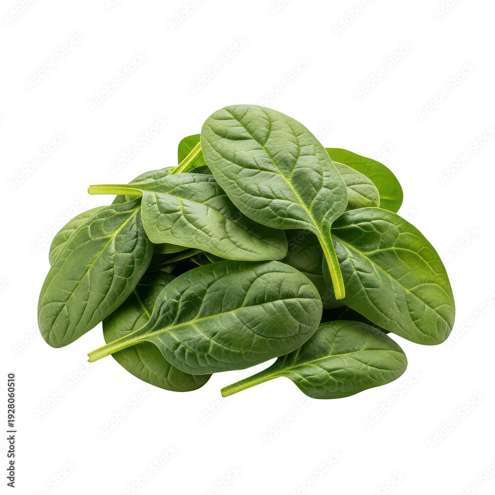 Fototapeta premium A small fresh pile of vibrant green spinach leaves isolated on transparent background high quality professional