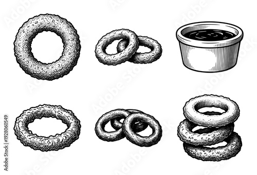 Set of hand drawn monochrome engravings featuring crispy onion rings and a side of dipping sauce in various compositions.