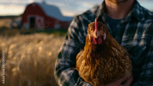 255Rustic farm lifestyle scene with person holding a brown hen, sunlit grass, red barn and farm tools subtly blurred in the background, warm natural light highlighting textures and co