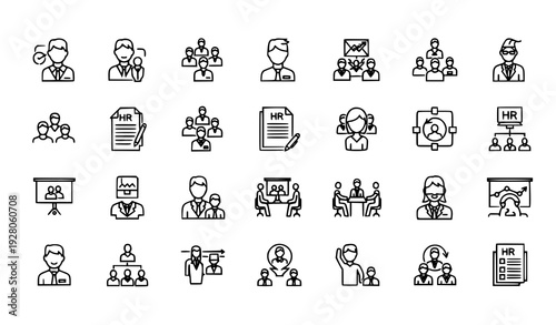 Business People & HR Thin Line Icon Set – Office Management Vector Collection