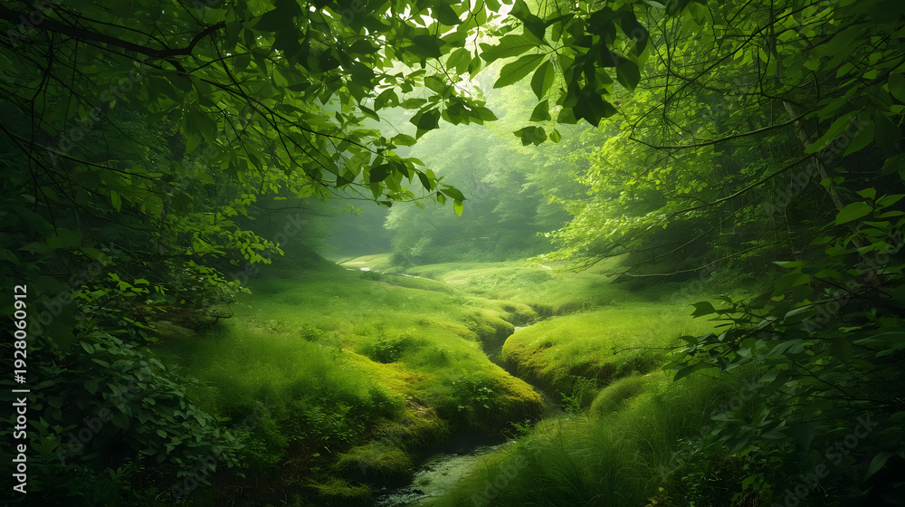 Fototapeta premium Enchanted Forest Stream with Lush Green Foliage and Misty Sunlight