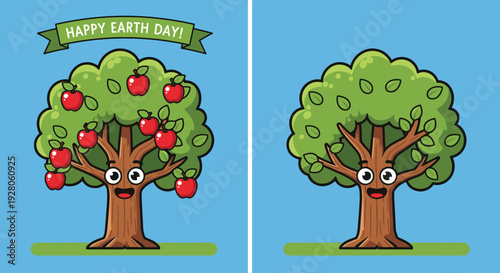 Cartoon Tree with Apples and Leaves.