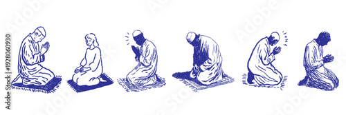 Hand drawn illustration of Muslim men and women praying during Ramadan in traditional Islamic prayer poses