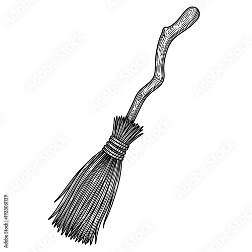 Hand-drawn witch's broomstick illustration, vintage style, isolated on white.