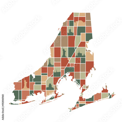 New York State Mosaic Map with City Silhouettes and Warm Colors