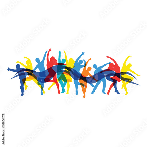 People dancing in colorful abstract poses.