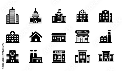 Urban building glyph solid vector icons set with skyscraper, government hall, hospital and house