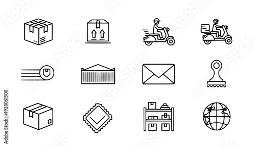 Minimal package and logistics thin line vector icons set with cardboard box and delivery symbols