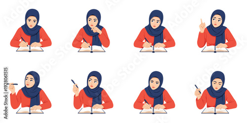 Woman in hijab studying with notebook