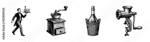 Vintage style set of kitchenware and service illustrations featuring a waiter, manual coffee grinder, wine bottle in a wicker basket, and a meat mincer