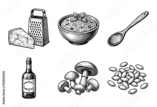 Vintage engraving style collection of italian mushroom risotto ingredients including parmesan cheese grater wine bottle and grains