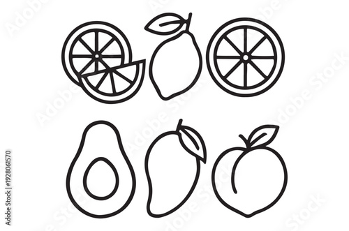 Simple line drawing of various fruits including citrus and tropical varieties