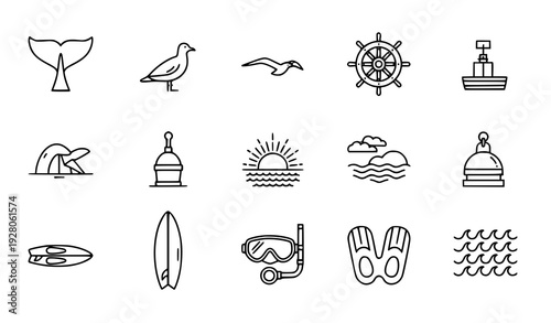 Minimal sea and maritime thin line vector icons set with whale, surf and nautical symbols