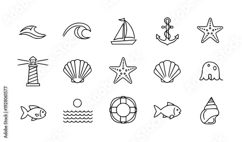 Sea thin line vector icons set with wave, anchor, sailboat and marine symbols