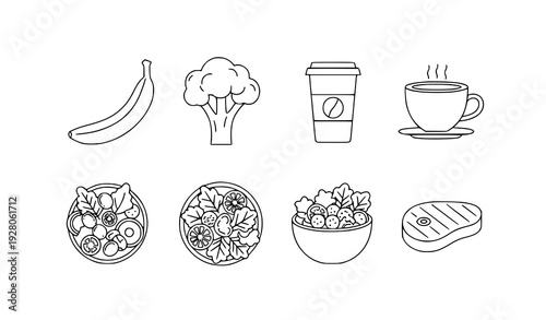 Minimal thin line food vector icons set with fresh fruit, vegetable, coffee, salad, and meat illustrations