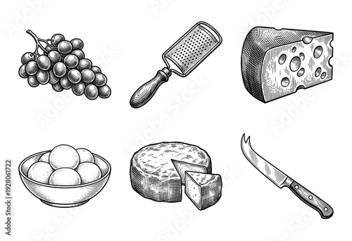 A collection of cheese and dairy related woodcut style illustrations featuring various cheeses, grapes, a grater, and a specialized knife.