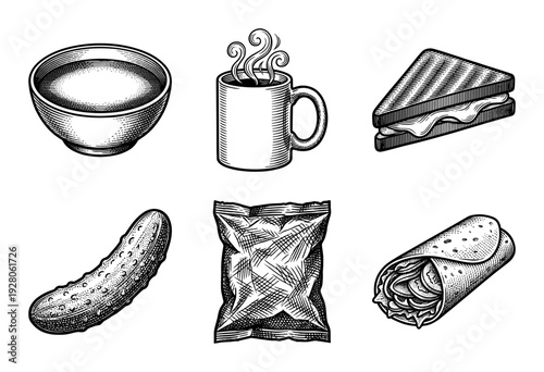 Vintage woodcut style collection of lunch and deli food icons including soup mug sandwich pickle chips and wrap