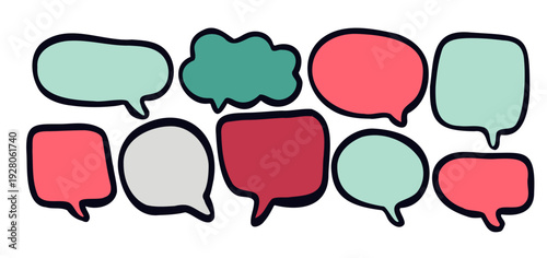 Speach speech bubbl balloon in comic box for text talk. This doodle dialogue and ballon speak uses cloud chat bubble for think icon on bold line set. Playful flat vector illustration