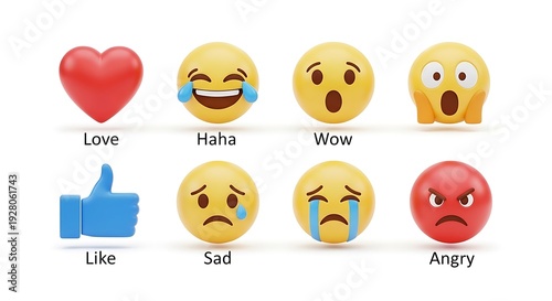 3D rendered social media reaction emojis on white background