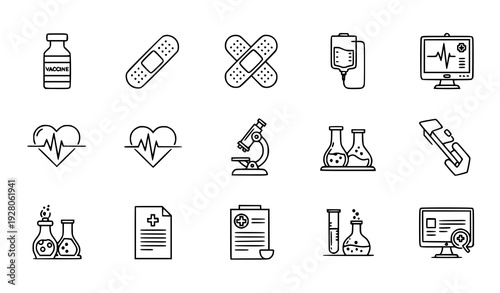 Healthcare and pharmacy thin line vector icons set with vaccine, laboratory and treatment symbols