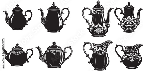 Vintage teapot and pitcher silhouettes with elegant floral ornaments vector set