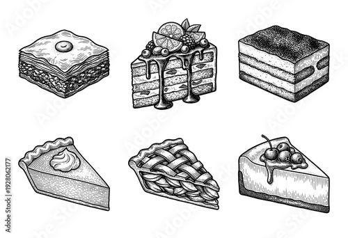 Set of assorted dessert slices including cakes and pies in a hand drawn vintage woodcut engraving style
