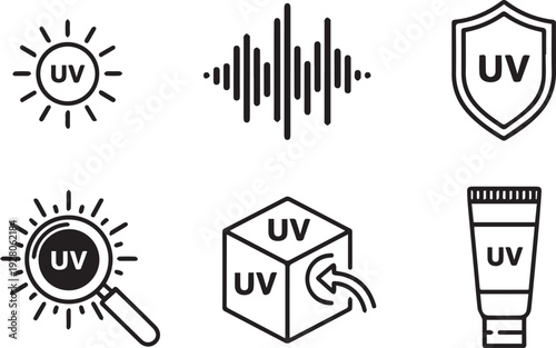 Black line icons illustrating ultraviolet protection concepts, including sun, shield, sound wave, magnifying glass, cube, and sunscreen bottle with UV markings.