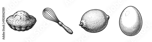 Vintage engraving style baking collection featuring a fluted tartlet, kitchen whisk, fresh lemon, and a whole egg