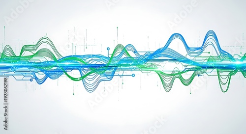 Abstract digital wave lines with circuit elements and bright light