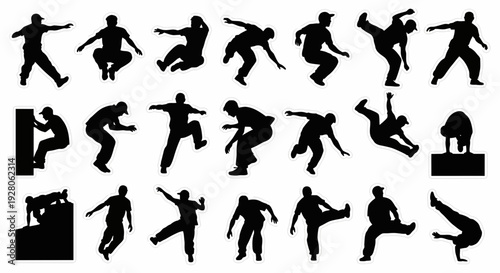 Collection of Silhouettes Depicting Various Martial Arts Techniques and Poses.