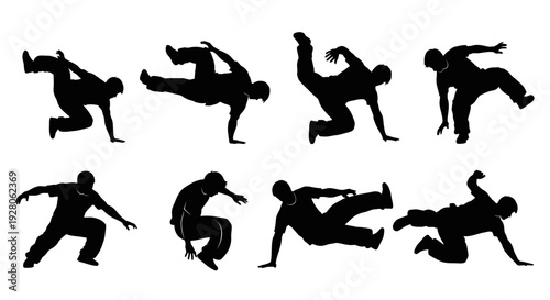 Silhouettes of people in various dynamic breakdancing poses.