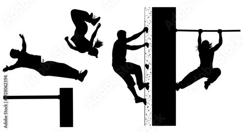 Silhouettes of people climbing a wall and performing acrobatic moves.