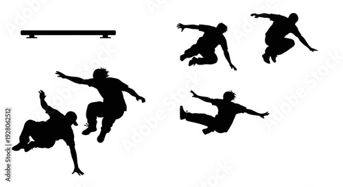 Silhouettes of skateboarders in various dynamic poses.