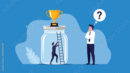 Ambitious businessman using a telescope to watch a person climbing a ladder towards a trophy on a jar representing distant goals and hard work.