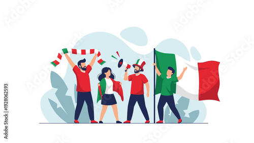 Group of enthusiastic Italian sports fans celebrating with national flags, a megaphone, and a scarf while cheering for their national team in blue jerseys.